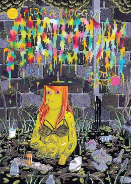 digital drawing of woman in bikini in dark or bog with cats.
