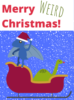 animated graphic shows a dinosaur atop a sleigh.