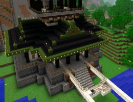 Frame from video game. multiple story house has porches and staircases.