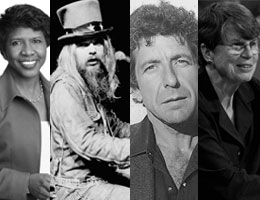 Collage photo of Gwen Ifill, Leon Russell, Leonard Cohen, and Janet Reno.