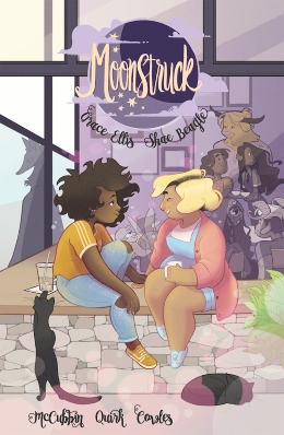 Book cover for Moonstruck. Two black women have coffee outside a restaurant. Two cats are at their feet.