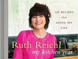 Book cover shows woman in pink top posed in a kitchen. Ruth Reichl.