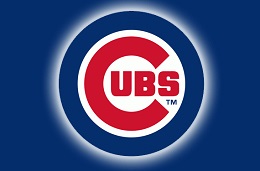 Logo. Cubs in red letters surrounded by blue circle.