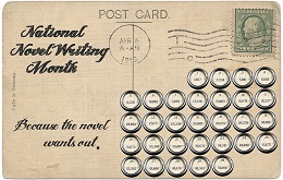 A vintage postcard for National Novel Writing Month with typewriter key icons and the text "Prepare the novel."