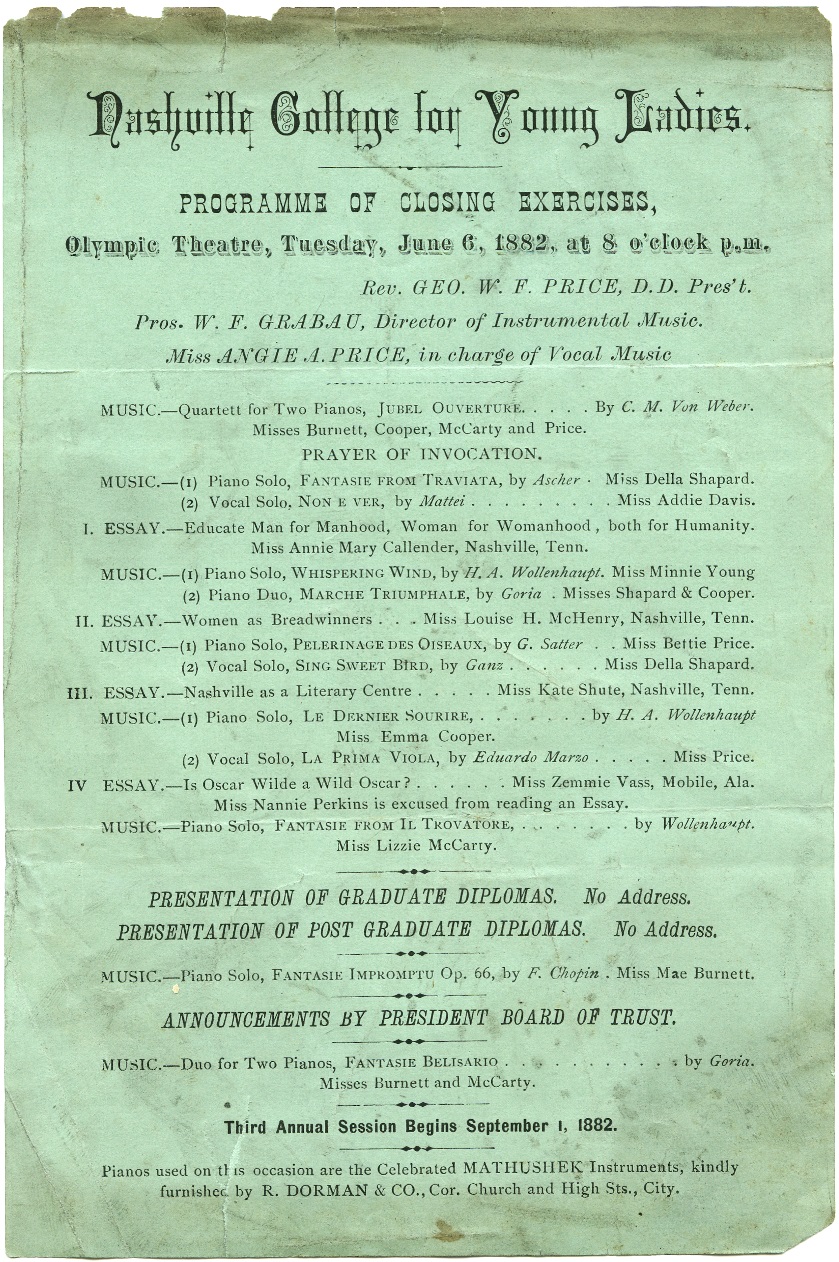 Program for the closing exercises at the Nashville College for Young Ladies in 1882.