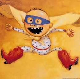 Illustration of "Super Diaper Baby" wearing a blue mask, yellow cape, and red boots while jumping joyfully.