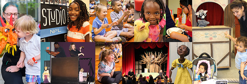 A collage of diverse children and adults enjoying puppets, performances, and creative activities at a library studio.