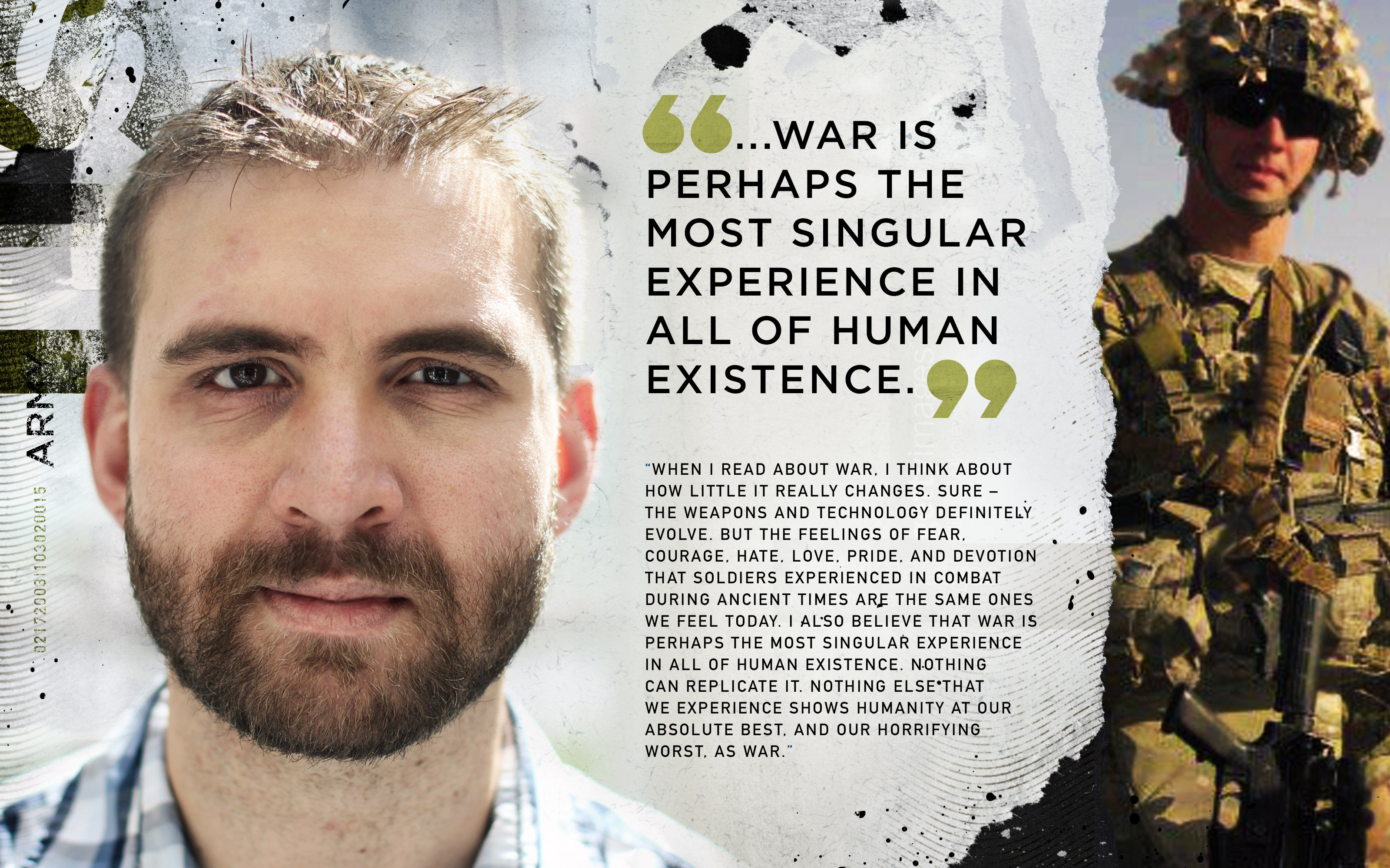 A man’s portrait alongside a quote about war, with a faded image of a soldier in the background.
