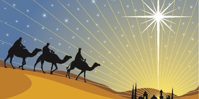 Silhouette of the three wise men riding camels across a desert toward a bright shining star in the night sky.