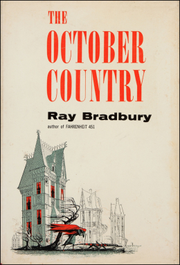 Book cover for "The October Country" by Ray Bradbury, featuring a stylized illustration of a gothic Victorian house.