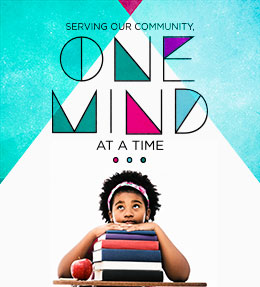 Graphic with the text "ONE MIND AT A TIME" above a young girl resting her chin on a stack of books with an apple nearby.