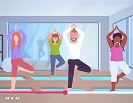 Illustration of men and women doing yoga in a studio.