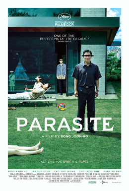 Movie poster for Parasite by Bong Joon-ho, showing characters on a lush lawn with a pair of legs lying in the grass.