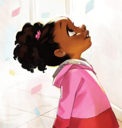 Illustration of a little girl with black hair and a pink dress.