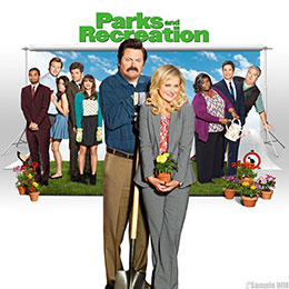 Promotional poster for the TV show Parks and Recreation, featuring Ron Swanson and Leslie Knope with the ensemble cast.