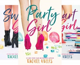 Three book covers for the "Party Girl" series by Rachel Hollis, featuring women's legs in stylish, colorful high heels.