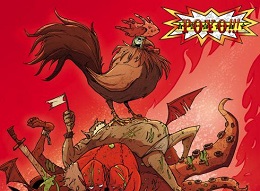 Stylized artwork of a large rooster standing atop a chaotic pile of figures against a bold red backdrop.