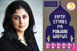 A portrait of author Balli Kaur Jaswal next to her book cover for "Erotic Stories for Punjabi Widows."