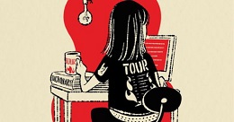 Illustration of a woman in a "TOUR" t-shirt working at a computer with a dictionary and coffee mug.