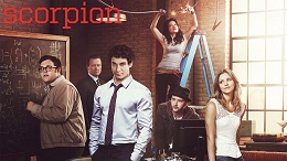 Shot of a mixed group of young adults in a classroom or office with the word "Scorpion" at the top of the image.