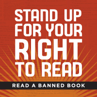 graphic reads stand up for your right to read a banned book.
