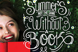 Woman with brown hair lays on the grass holding a red book. The text "Summer's Not the Same Without a Book.