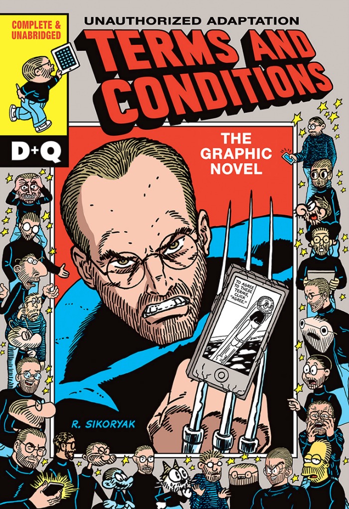 The graphic novel cover for "Terms and Conditions" features a caricature of Steve Jobs holding an iPhone.