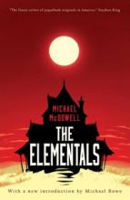 Book cover for The Elementals showing a drawing of a house against a red sky.