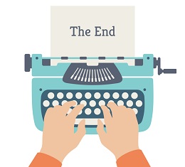 Illustration of hands on a typewriter typing "The End."