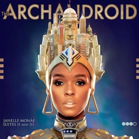 Album cover for Janelle Monáe's "The ArchAndroid," featuring her wearing an ornate, futuristic gold city-inspired crown.