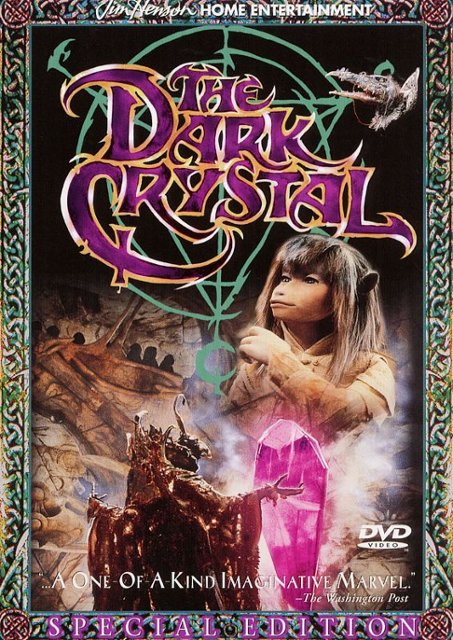 DVD cover for The Dark Crystal, featuring Jen, a Skeksis, and the purple shard within a decorative Celtic border.