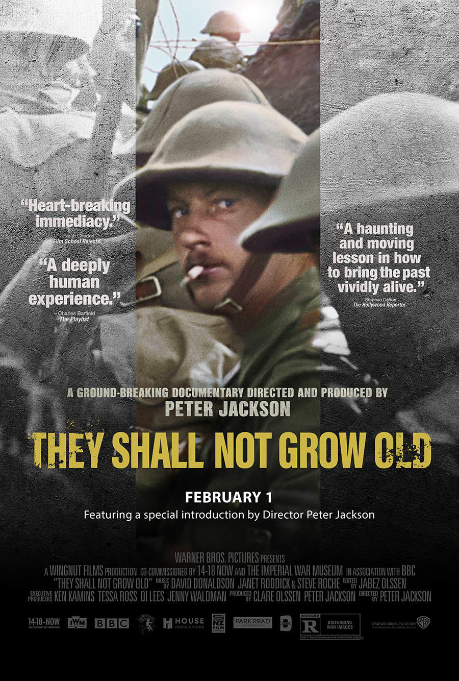 Movie cover with soldier smoking cigarette, looking backward as he marches forward.