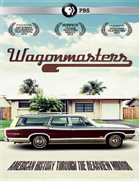 Wagonmaster movie cover showing 1960's wood sided station wagon in front of ranch house.