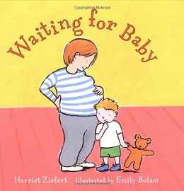 Waiting for Baby book cover with illustration of pregnant mother and young child looking at her belly.