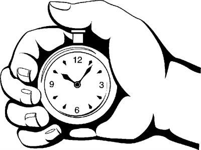 Black and white illustration of hand holding stopwatch.