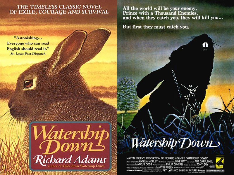 Watership Down book cover next to movie cover, both showing single rabbit against sunset.