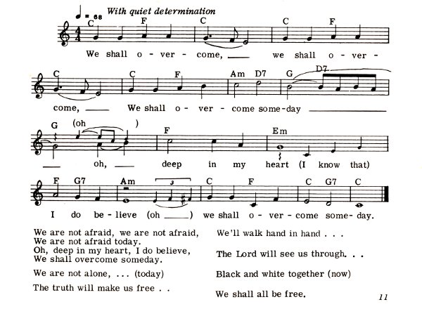 Sheet music and lyrics for the song We Shall Overcome.
