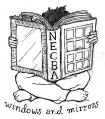 Windows and Mirrors logo illustration of cross-legged person reading large book.