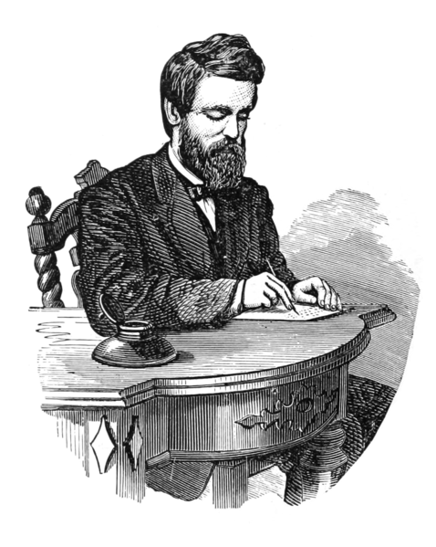 Black and white drawing of bearded man in suit writing at writing desk.