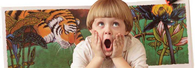 A little boy making the Maculay Culkin face from Home Alone with a backdrop of various children's book covers.