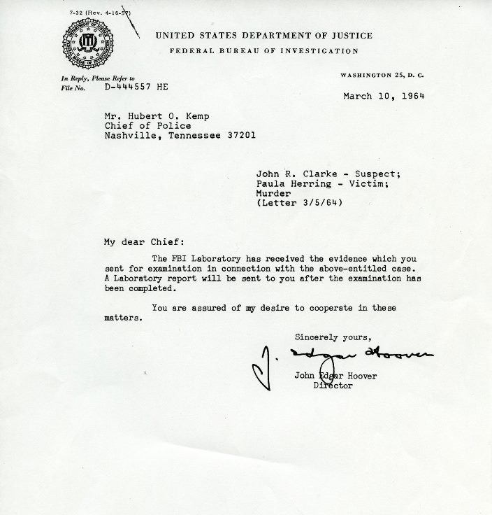 US Department of Justice typed letter to Nashville chief of police from J Edgar Hoover in 1964.