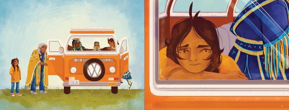 Native Americans in a VW bus. The child looks unhappy. 
