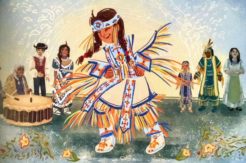 A illustration of a Native American child doing a traditional dance.