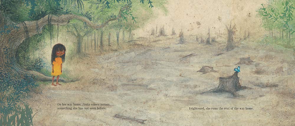 Illustration from a children's book showing a girl in a forest and a butterfly on a tree stump.