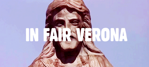 Words "In Fair Verona" with statue behind them.