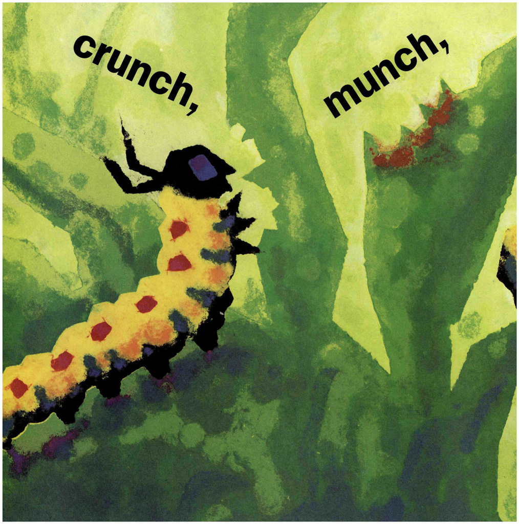 Illustration of a caterpillar eating leaves.