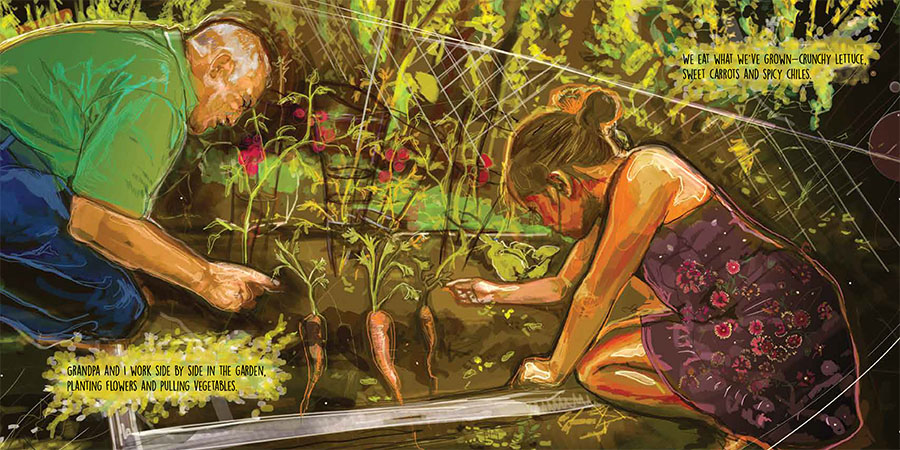 Drawing of a man and a young girl gardening.