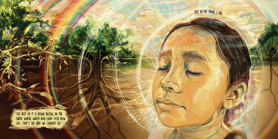 Drawing of a young girl and a tree with visible roots.