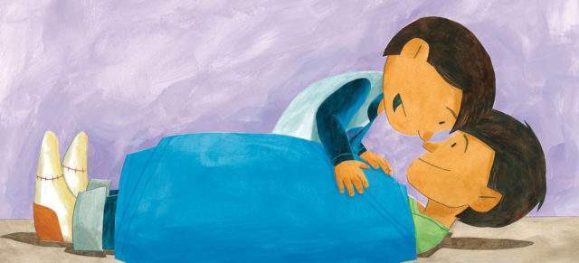 Cartoon illustration of smiling person on ground wrapped in blue sheet with young person leaning on top of them.
