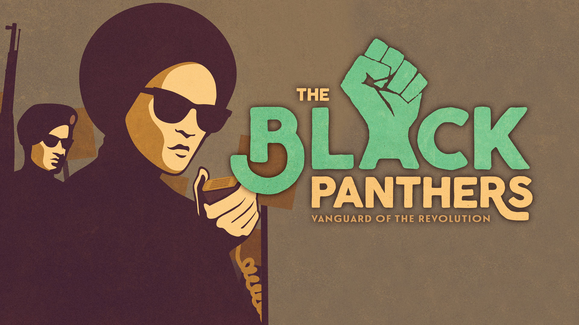 Sign that says Black Panthers Vanguard of the Revolution with illustration of people dressed in black with sunglasses.